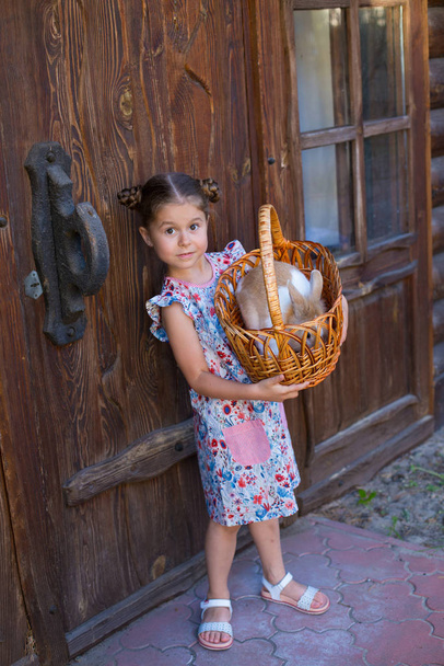 foto vertical de uma menina de seis anos com um coelho em uma cesta
 - Foto, Imagem