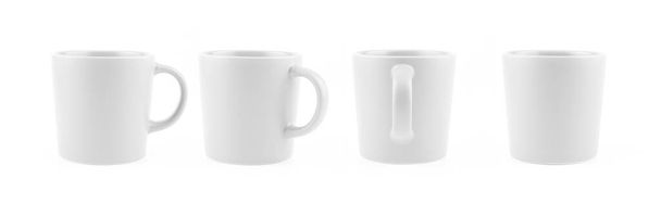 Fehér bögrék különböző oldalról, Üres kerámia csésze elszigetelt W - Fotó, kép