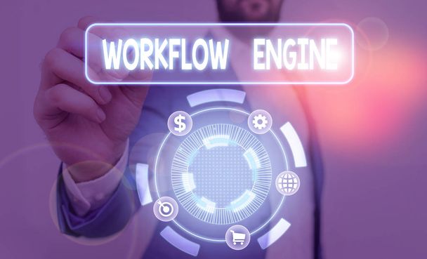 Textzeichen mit Workflow-Engine. Business Foto Text Software-Anwendung, die Geschäftsprozesse analysiert - Foto, Bild
