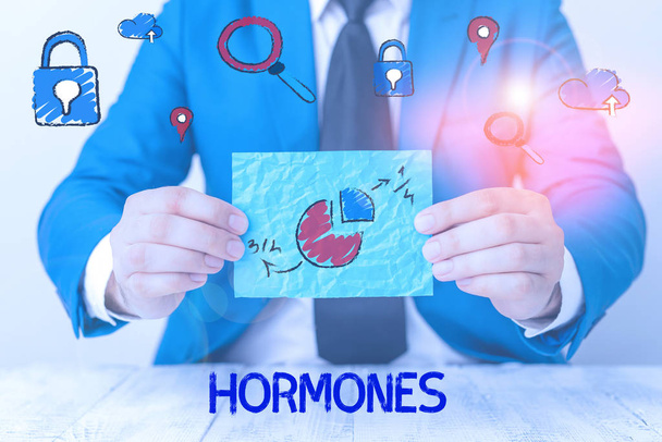 Hormonları gösteren kavramsal el yazısı. Konsept, organizmada üretilen düzenleyici madde anlamına gelir. - Fotoğraf, Görsel
