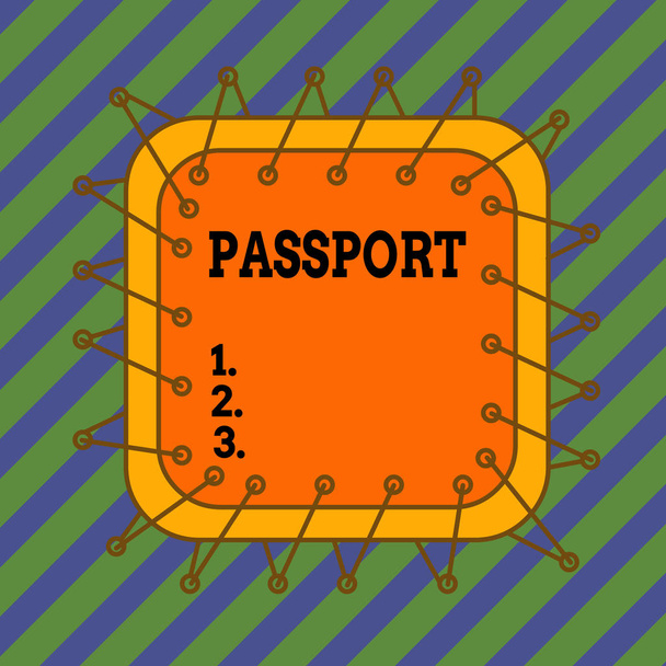 Πινακίδα που δείχνει διαβατήριο. Επαγγελματική φωτογραφία κείμενο επίσημο έγγραφο που εκδίδεται από μια κυβέρνηση που πιστοποιεί την ταυτότητα ασύμμετρη σχήμα σχήμα μοτίβο μοτίβο περίγραμμα πολύχρωμο σχεδιασμό - Φωτογραφία, εικόνα