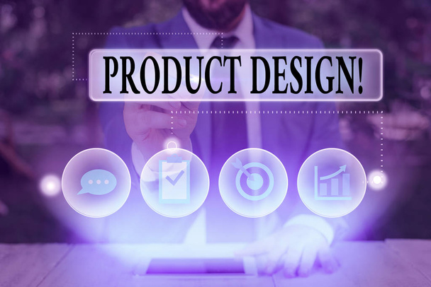 Signo de texto mostrando diseño de producto. Proceso de creación o mejora de un producto para las necesidades de los clientes
 - Foto, imagen