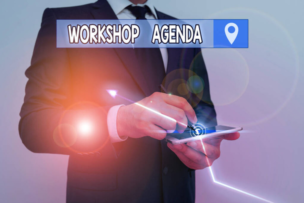 Writing note showing Workshop Agenda. Business concept for helps you to ensure that your workshop stays on schedule - Photo, Image