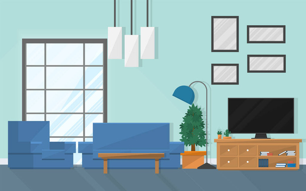 σαλόνι εσωτερικό σχεδιασμό με καναπέ και αξεσουάρ, απεικόνιση διάνυσμα  - Διάνυσμα, εικόνα