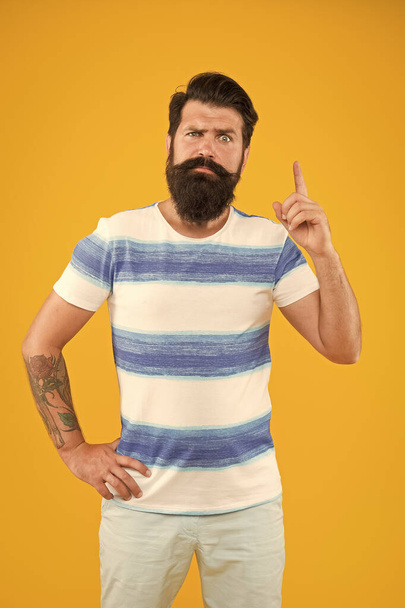 Summer vacation. Barbershop concept. Summer style. Cheerful sailor. Join my wave. Man bearded hipster with mustache and long beard on yellow background. Guy dressed striped shirt on summer vacation - Fotografie, Obrázek