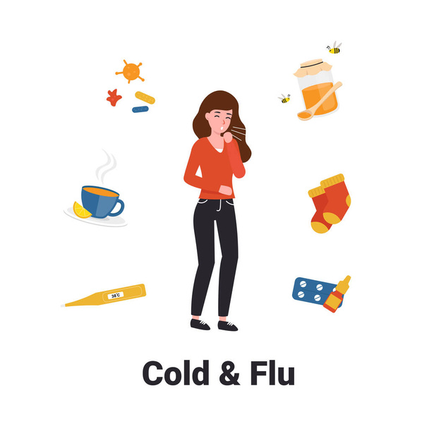 Κρύο και γρίπη αντικείμενα, το κορίτσι βήχει - Διάνυσμα, εικόνα