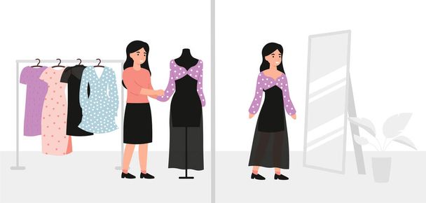girl trying on a dress - Vector, Image