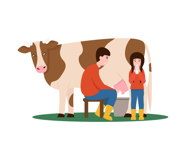 Ο άντρας αρμέγει μια αγελάδα, το κορίτσι πίνει γάλα απομονωμένο - Διάνυσμα, εικόνα