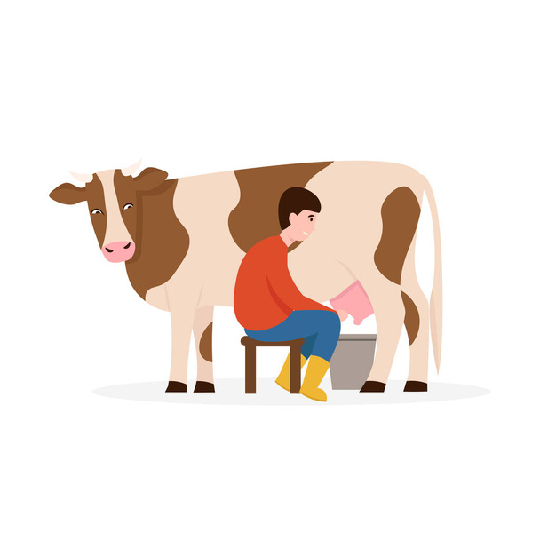 ο άνθρωπος αρμέγει μια αγελάδα απομονωμένη - Διάνυσμα, εικόνα