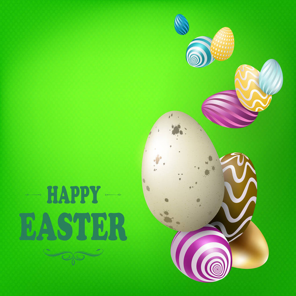 Easter green composition with beautiful eggs drawn as a garland with a different pattern - Вектор,изображение