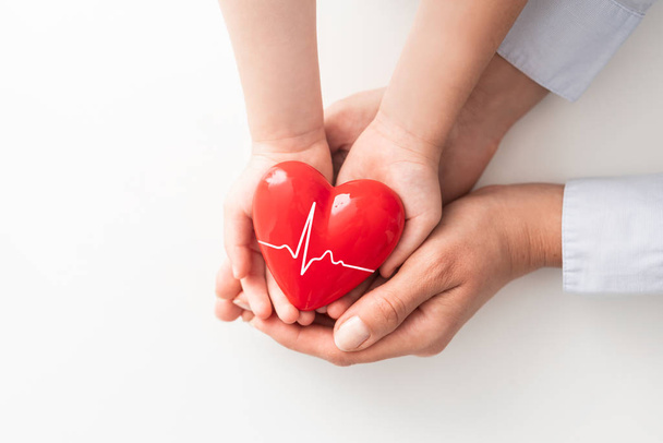 Ένας ενήλικας, μητέρα και παιδί κρατούν μια κόκκινη καρδιά στα χέρια τους. Έννοια για φιλανθρωπία, ασφάλιση υγείας, αγάπη, διεθνής ημέρα καρδιολογίας. - Φωτογραφία, εικόνα