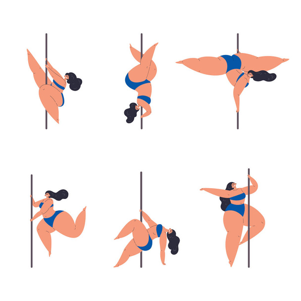 Συν μέγεθος αυτοπεποίθηση κορίτσι χορό για pylon.Elegant γυναίκες αθλητισμού σε διαφορετικές poses.Love σώμα σας.Σώμα θετική concept.Flat χαρακτήρα κινουμένων σχεδίων σε λευκό φόντο.Colorful εικονογράφηση διάνυσμα - Διάνυσμα, εικόνα