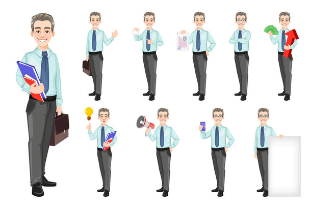 Handsome confident business man, set of ten poses - Vector, Image