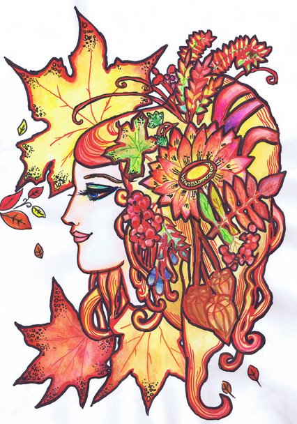 Female image in autumn decoration. Children 's drawing, mixed technique - Photo, Image