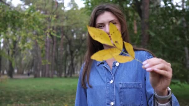 Portrait of a beautiful smiling woman holding a yellow sheet in her hands. Mid-autumn, deciduous, beautiful landscape of the park in the background - Materiał filmowy, wideo