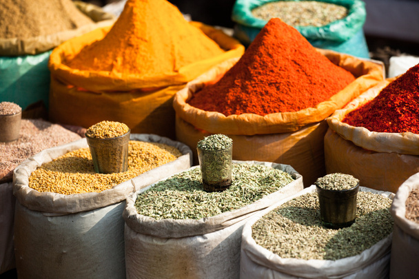 Traditional spices and dry fruits in local bazaar in India. - Photo, Image