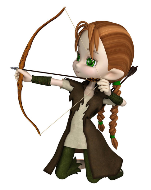 Мила мультяшна дівчинка Ельфа лучника з бантом і стрілками на колінах і прицілитися до своєї цілі, 3d в цифровому вигляді ілюстрація
 - Фото, зображення