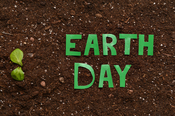 Plant and text EARTH DAY on soil - Foto, afbeelding