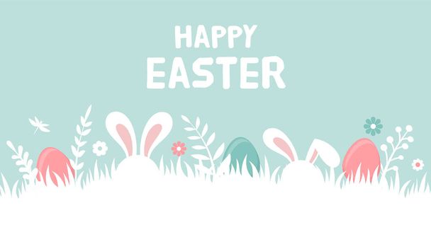 fröhliches Osterbanner mit Hase, Blumen und Eiern. Plakat zur Eiersuche. Frühlingshintergrund im modernen Stil - Vektor, Bild