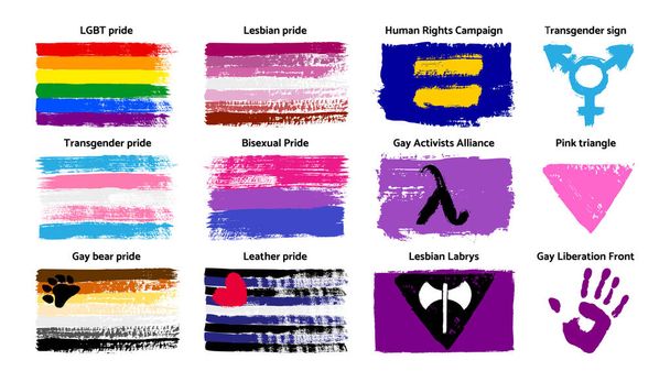 Grunge Lgbt trots vlag en symbolen collectie Lesbienne, homo, biseksueel, transgender, homo beer. Vector - Vector, afbeelding