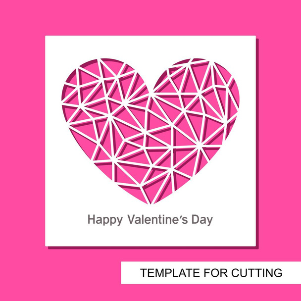 Romantic card with a carved heart. Polygonal triangular shape of a crystal or diamond. Gift for valentines day or wedding. Template for laser cutting, wood carving, paper cutting and printing. Vector. - Vector, Image