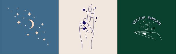 Vektor-Set abstrakter Logodesign-Vorlagen im einfachen linearen Stil - Gesten der Hände - Hände in Fesseln, Daumen gedrückt, magische Taste, Mond und Morgendämmerung im Minimalismus. - Vektor, Bild