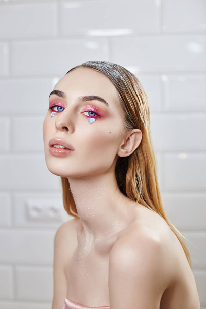 Advertising Makeup Beautiful plump lips bright pink color, woman - Fotografie, Obrázek