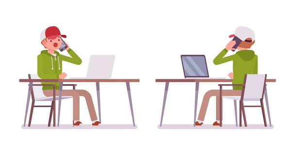 Молодий чоловік у светрі сидить, працює з ноутбуком за столом
 - Вектор, зображення