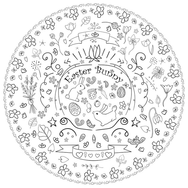 Happy Easter set for coloring book. Coloring page adult and kids, woman coloring book. Black and white. Anti stress coloring Festively decorated Easter - Vector, Image