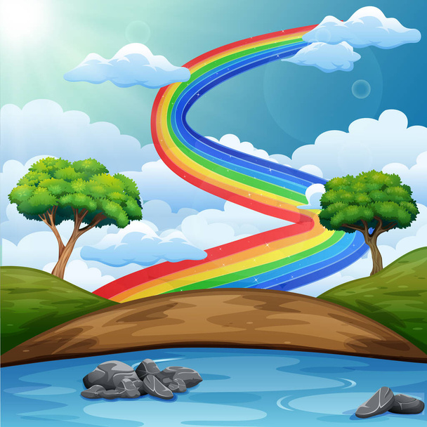 Hermoso paisaje fluvial con arco iris
 - Vector, Imagen