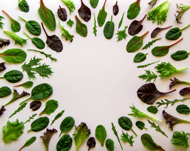 Een patroon met saladebladeren in een cirkel. Geïsoleerde gemengde salade met arugula, mongold, spinazie, sla op een witte achtergrond. Gezond voedingsconcept. Bovenaanzicht, flat lay, kopieerruimte. - Foto, afbeelding