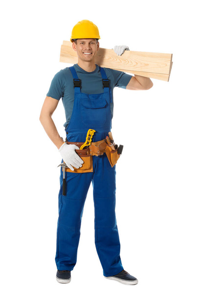 Handsome carpenter with wooden planks isolated on white - Φωτογραφία, εικόνα