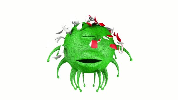 3D ztvárnění jednookého strašidelného a zeleného viru. Koronavirus z Číny. Vyrobeno v Číně. Koronavirus usnul, pilulka udeřila do hlavy. Ilustrace pro lékařské a vědecké kompozice. - Záběry, video