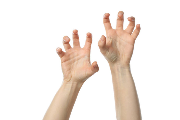 Mains féminines isolées sur fond blanc. Les gestes
 - Photo, image