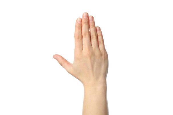 Рука жінки ізольована на білому тлі. Жести
 - Фото, зображення