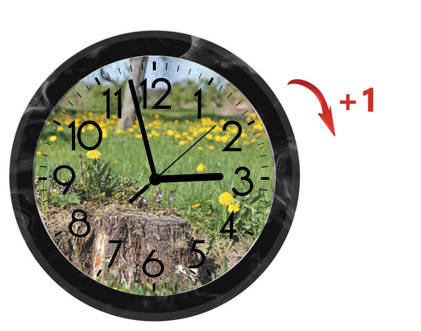 Daylight Saving Time (DST). Wall Clock going to summer time (+1). Turn time forward. - Photo, Image