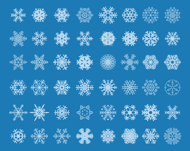 Set of different white snowflakes on a blue background - Vector, Image