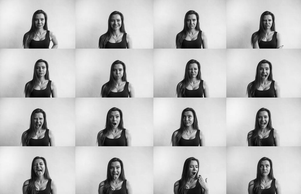 Conjunto de fotos en blanco y negro de retratos de mujeres jóvenes con diferentes emociones. Joven hermosa linda chica mostrando diferentes emociones. Sonriendo, sonriendo, enojo, sospecha, miedo, sorpresa
. - Foto, Imagen