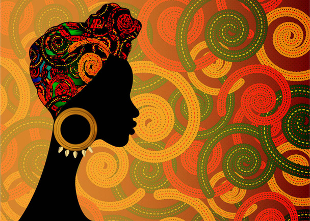 Portrait de la jeune femme noire en turban. Animation Beauté africaine. Illustration vectorielle en couleur isolée. Tête traditionnelle kente envelopper africaine avec batik ethnique africaine Imprimer fond de tissu
 - Vecteur, image