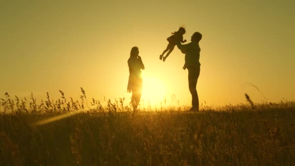 gyermek, apa és anya játszanak a réten a napon. a boldog gyermekkor fogalma. Anya, apa és kislánya sétálnak a mezőn a napon. Boldog fiatal család. a boldog család fogalma. - Felvétel, videó