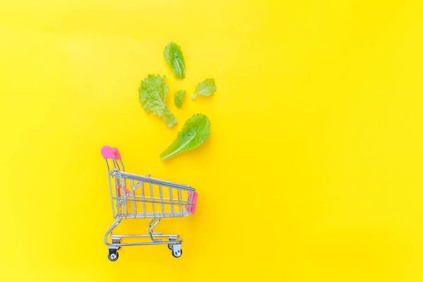 Ecologie eco producten gezondheid voedsel veganistisch vegetarisch concept. Kleine supermarkt kruidenier push cart om te winkelen met groene sla bladeren geïsoleerd op gele kleurrijke trendy achtergrond. Ruimte kopiëren. - Foto, afbeelding