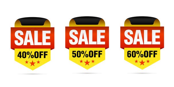 Yellow set of sale badges, 40%, 50%, 60% off with stars - Vector, imagen