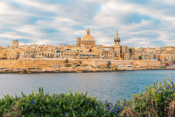 Valletta, Malta old town skyline from Sliema city on the other side of harbor - Photo, Image