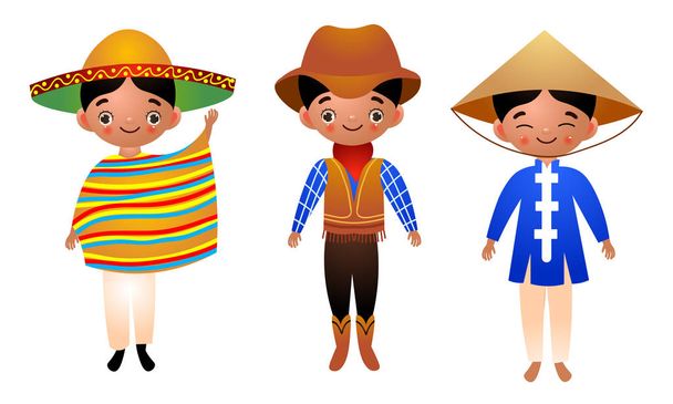 Set of different nationality men wearing traditional ethnic clothing. Vector illustration in flat cartoon style. - Vektor, Bild