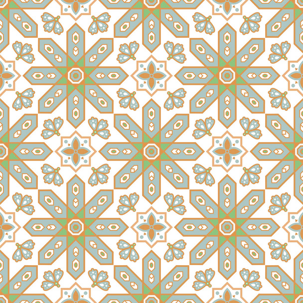 Arabic style tile seamless pattern. Moroccan ceramic tiles design pastel blue gold colors. - Vector, Image