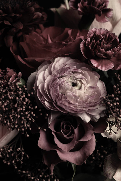 Beautiful bouquet of different flowers, closeup. Floral card design with dark vintage effect - Foto, imagen