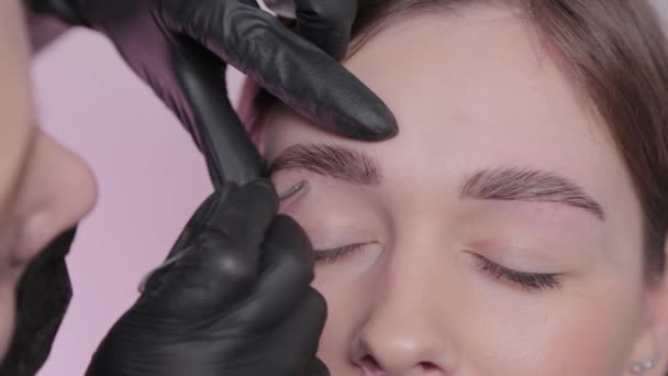 Artista de maquillaje profesional arrancando cejas al cliente en el salón de belleza
. - Metraje, vídeo