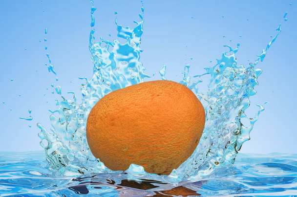 Mandarin with water splashes, 3D rendering - Photo, Image
