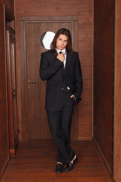 Portrait of School Boy. Dressing formally in black suit, necktie - Zdjęcie, obraz