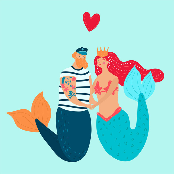Zeemeerminnen gelukkig romantisch paar, verliefd mensen, Valentijnsdag vector illustratie - Vector, afbeelding